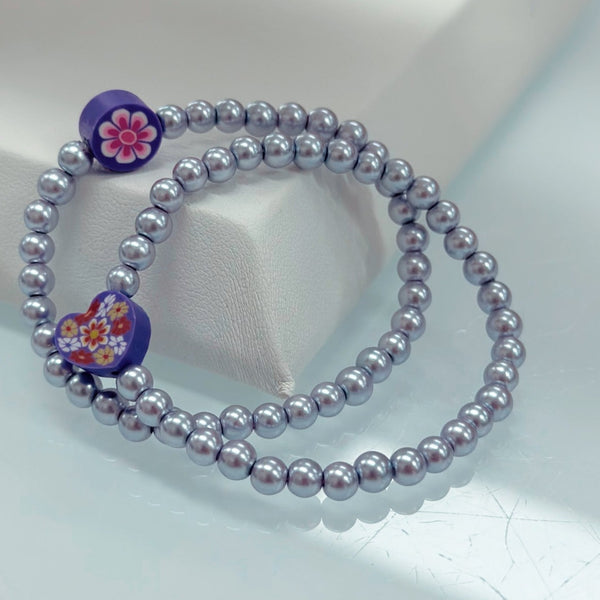 Handmade Glass Pearl Stretch Bracelet- Purple Flower