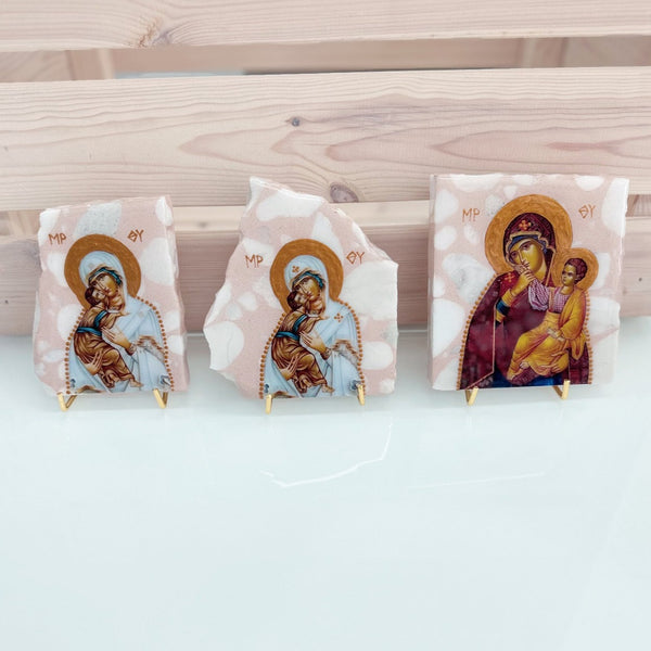 Broken Pink Italian Marble Icon- Mother Mary & Jesus