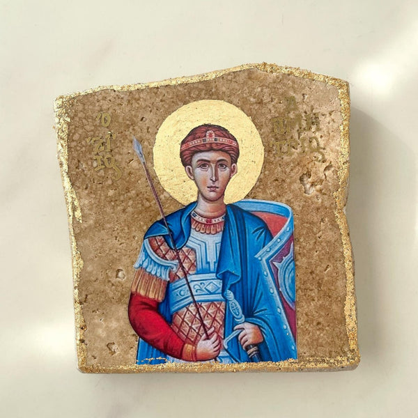 Broken Travertine Marble Religious Icon- St Dimitrios