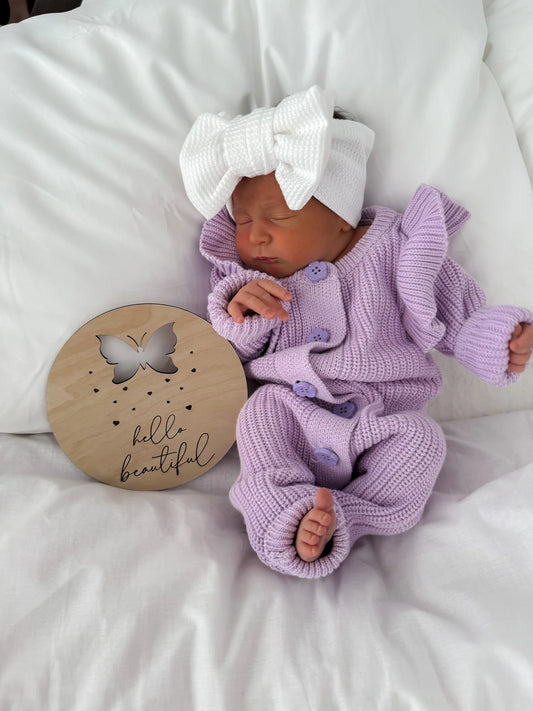 Petit + Co- Frilled Ribbed Knit Romper- Orchid