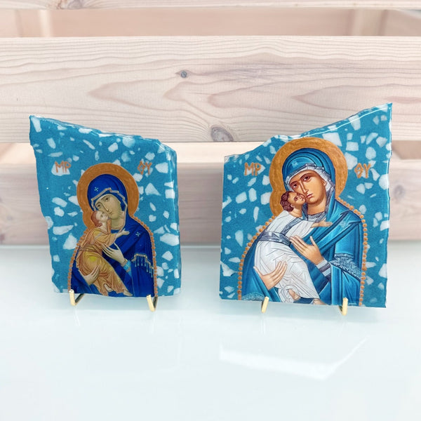 Broken Blue Italian Marble Icon- Mother Mary & Jesus