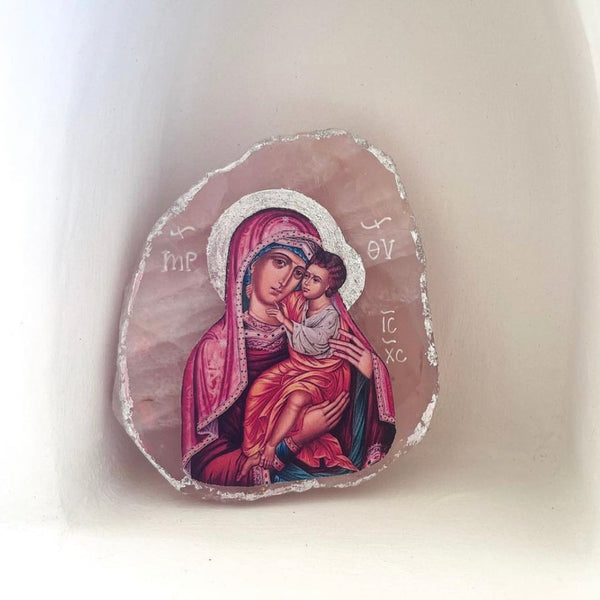 Rose Quartz Crystal Religious Icon Mother Mary- Silver