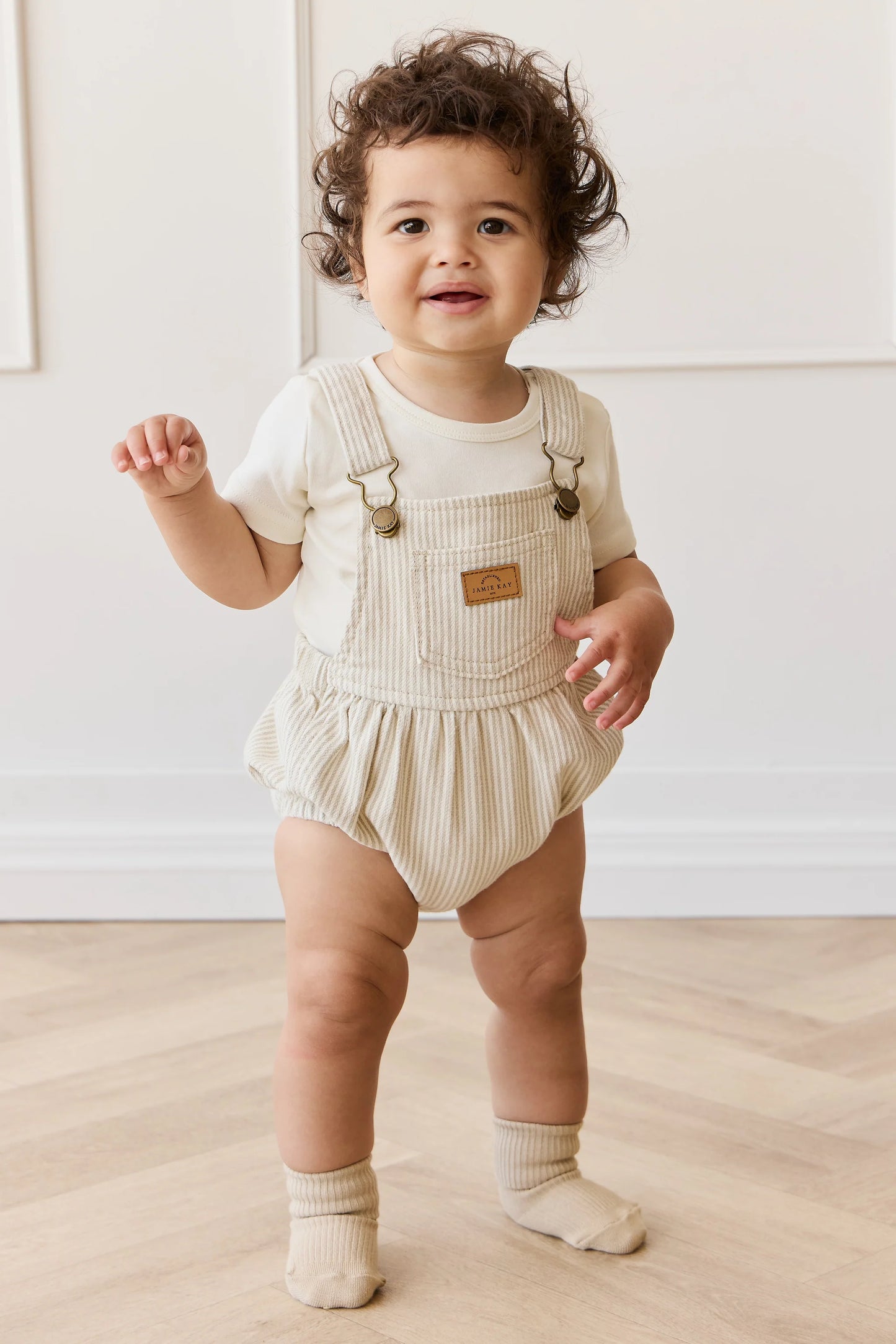 Jamie Kay - Pax Playsuit - Fine Vertical Stripe Sandy Brown/Cloud