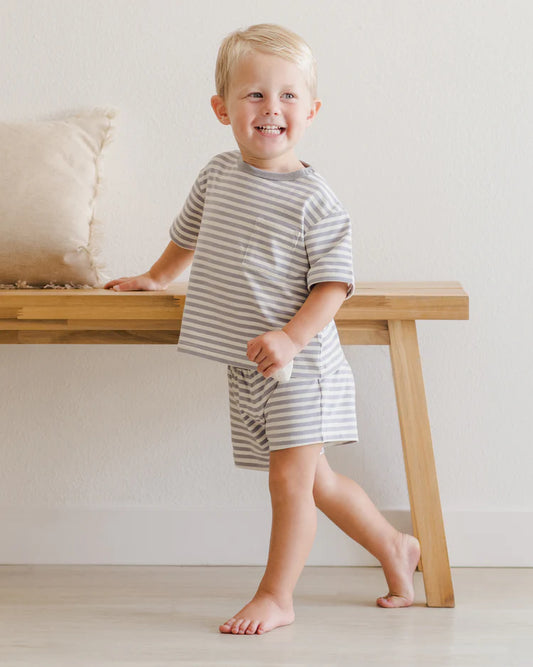 Quincy Mae - Blue Stripe Pocket Tee & Short Set