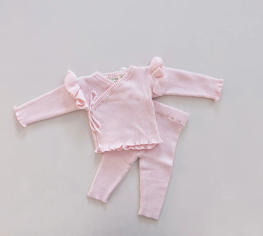 Petit + Co- Ruffle Pink Kimono Ribbed Set