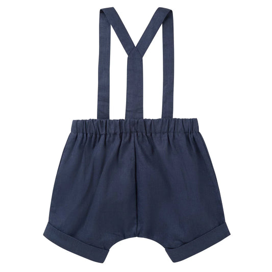 Designer Kidz- Navy Finley Linen Suspenders Short