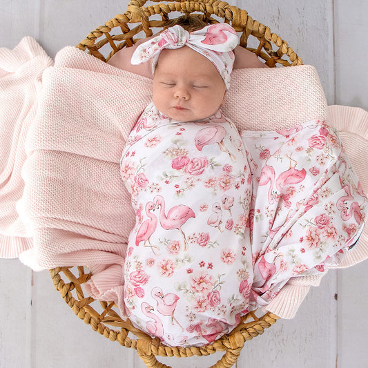 Snuggle Hunny - Flamingos Organic Jersey Wrap & Topknot Set