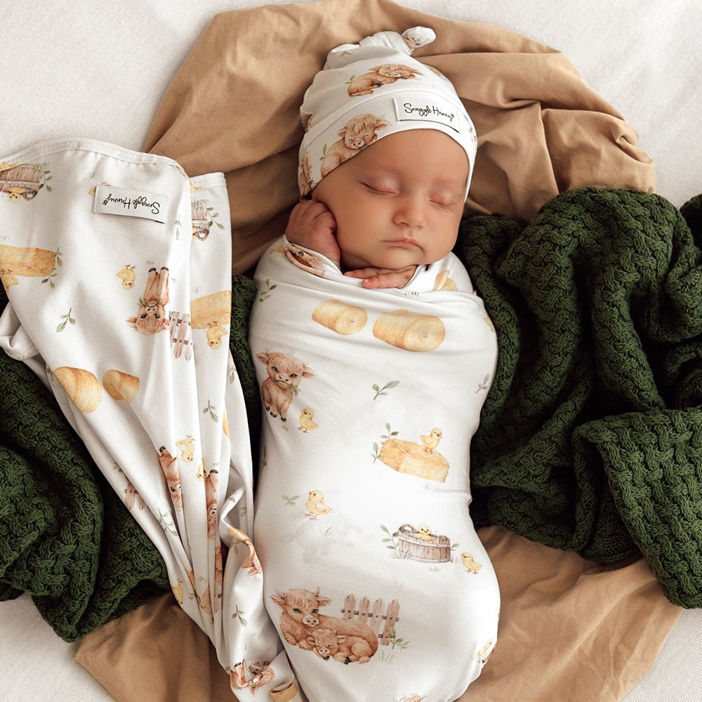 Snuggle Hunny - Highland Cows Organic Jersey Wrap & Beanie Set