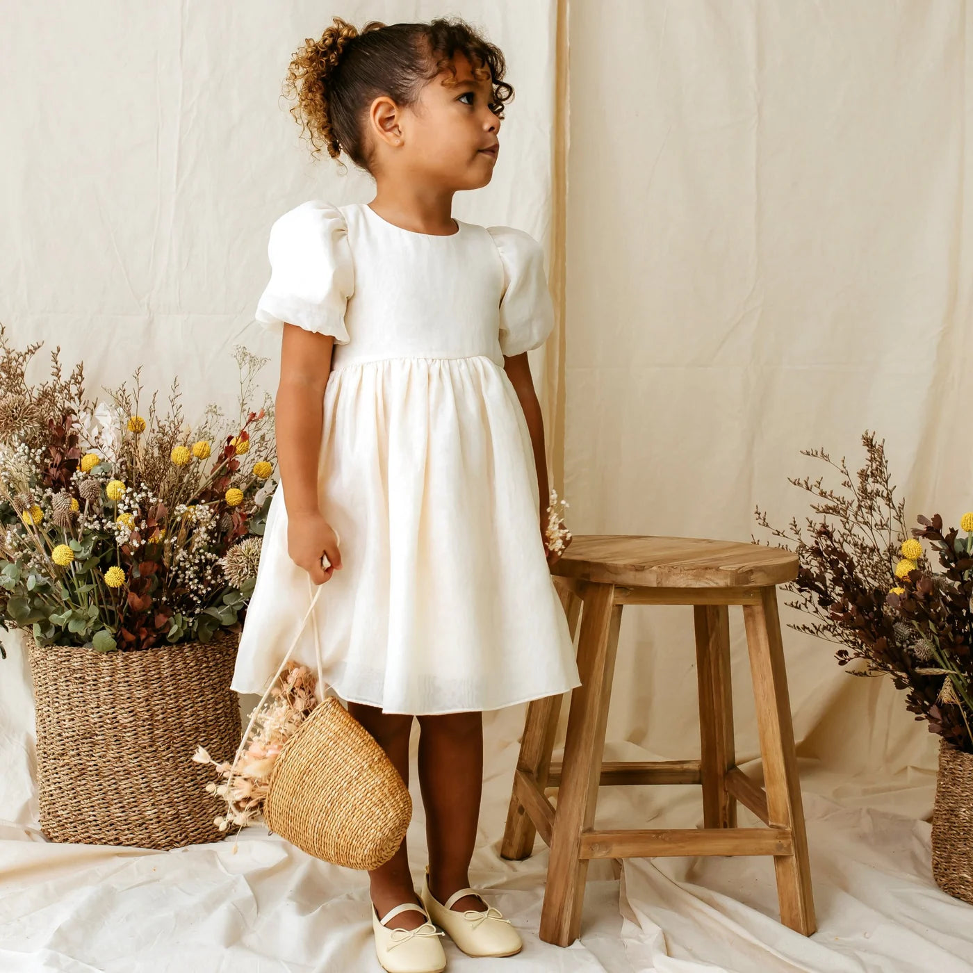 Designer Kidz- Champagne Noa Puff Sleeve Dress