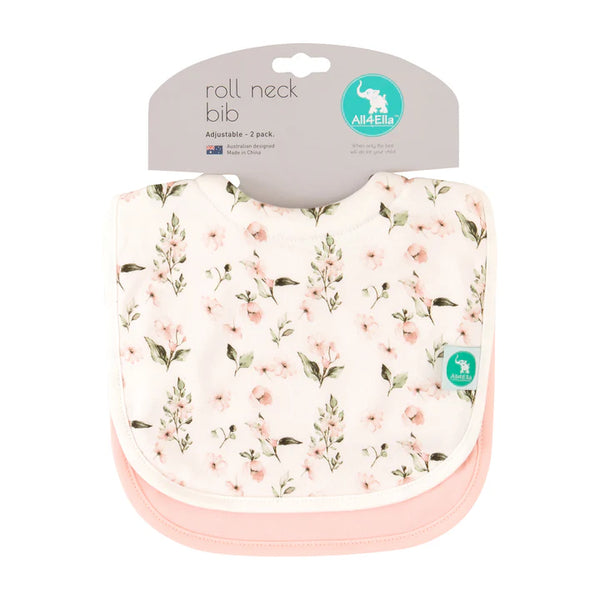 All4Ella- 2 Pack Roll Neck Bibs- Pink Flower