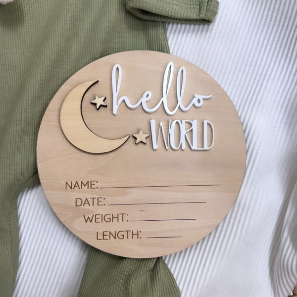 Timber Tinkers- Hello World Moon/Star Birth Announcement Plaque