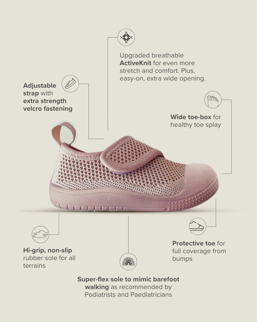 Little Sohls- Active Velcro Shoe- Dusty Rose