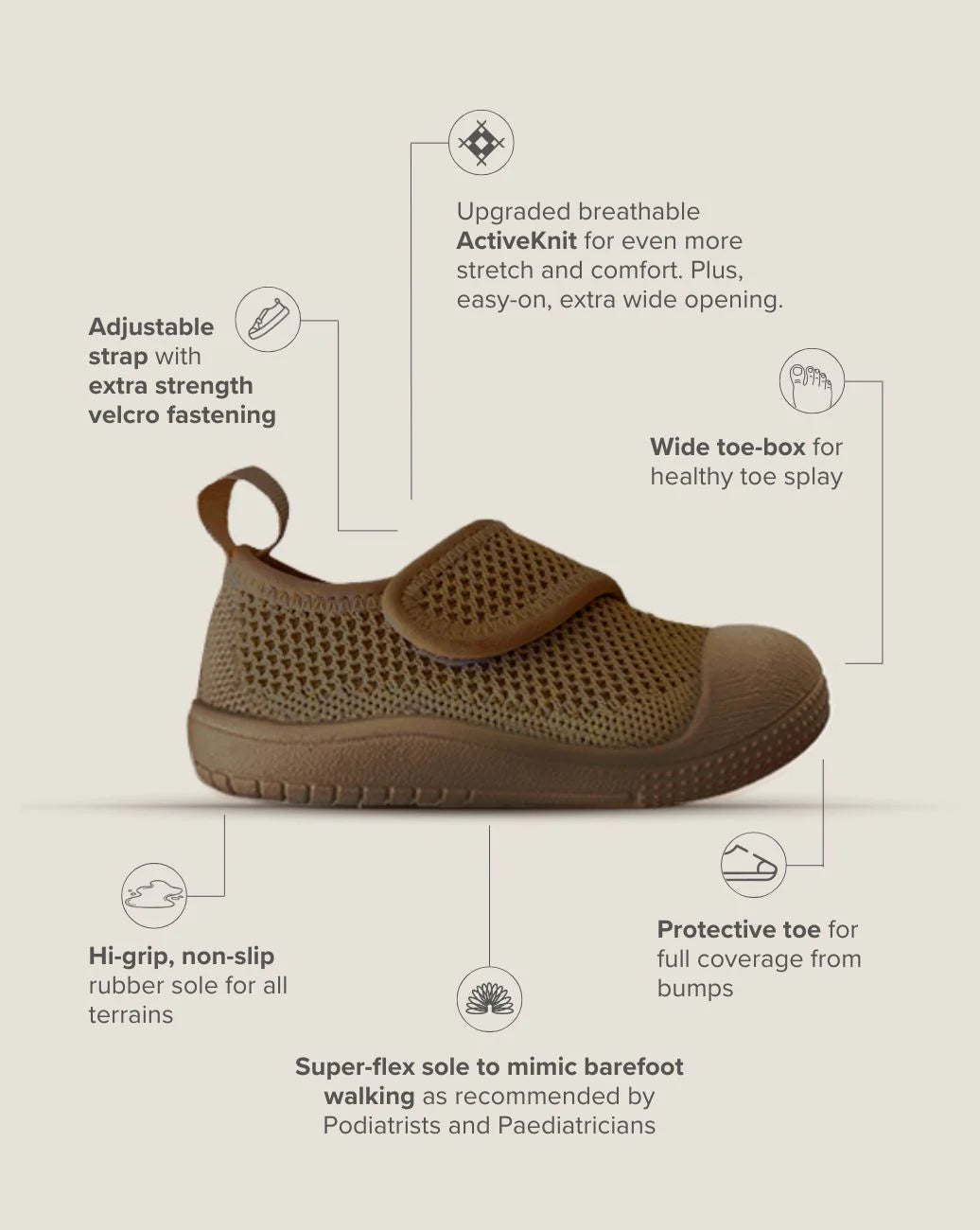 Little Sohls- Active Velcro Shoe- Earthstone Brown