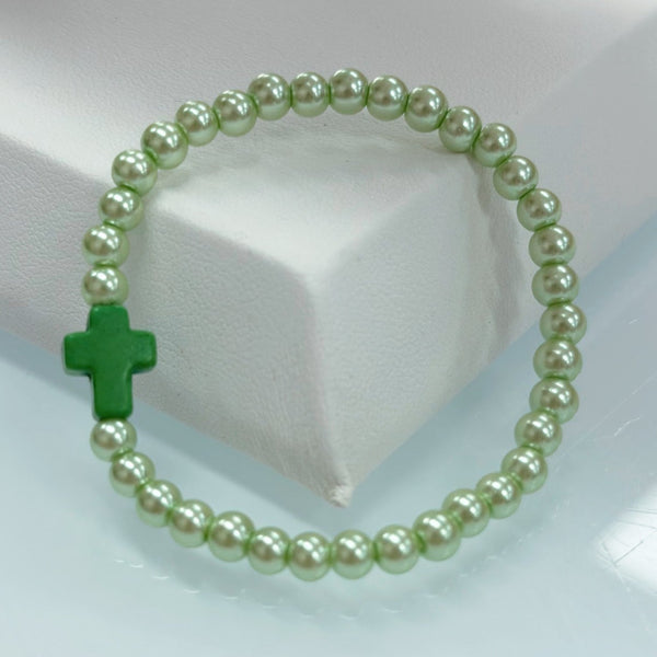 Handmade Glass Pearl Stretch Bracelet- Green Cross