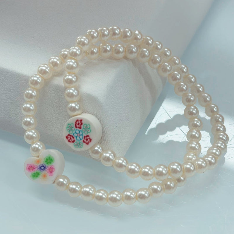Handmade Glass Pearl Stretch Bracelet- Cream Floral