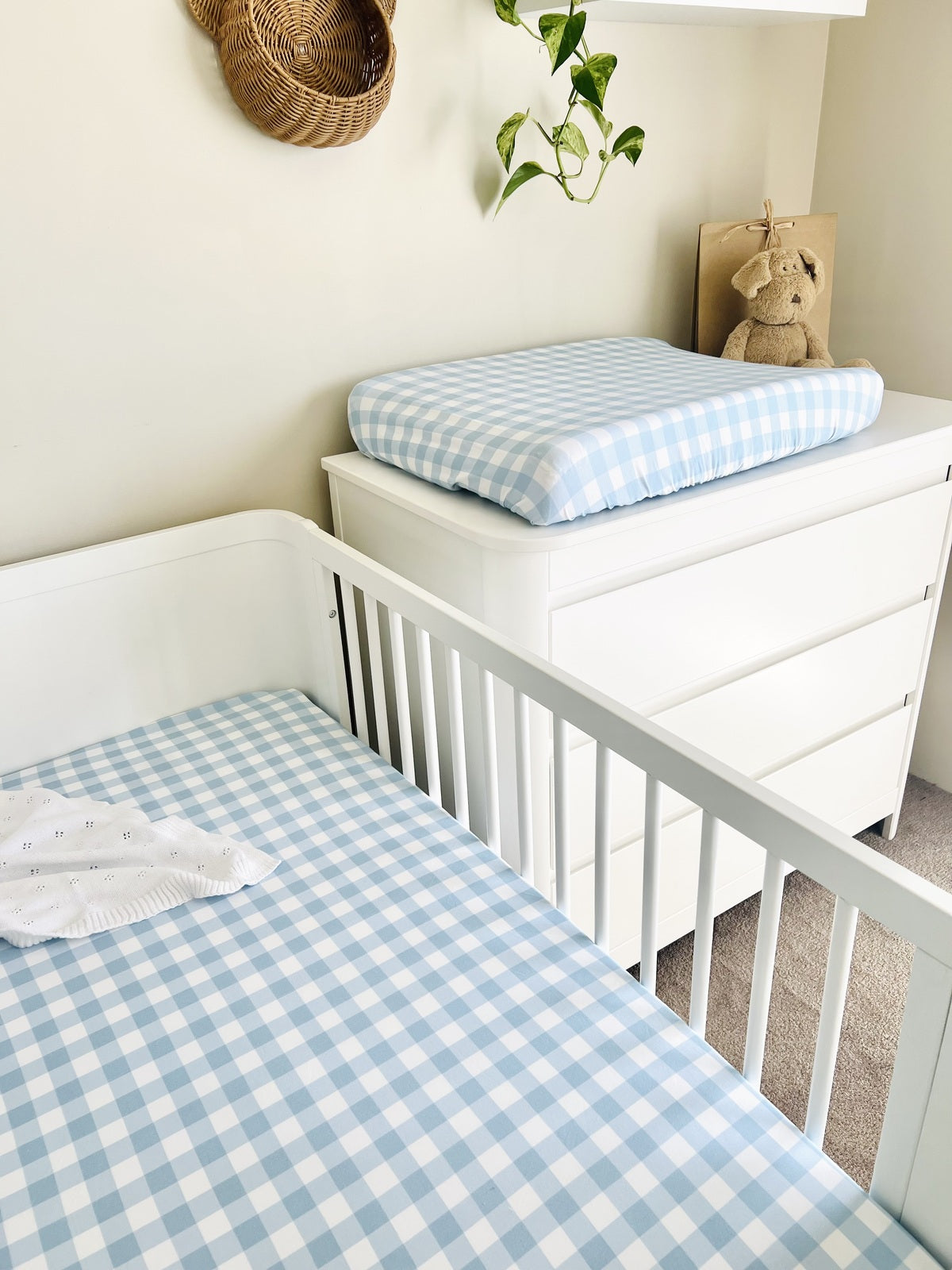 Cuddle Bug & Co - Blue Gingham Organic Fitted Cot Sheet