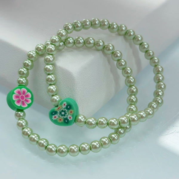 Handmade Glass Pearl Stretch Bracelet- Green Floral