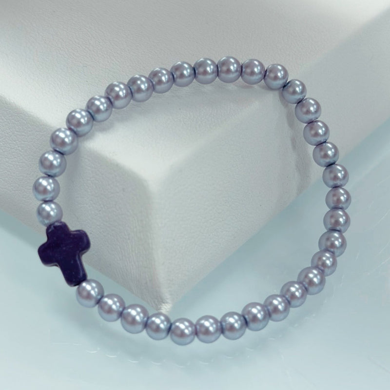Handmade Glass Pearl Stretch Bracelet- Purple Cross