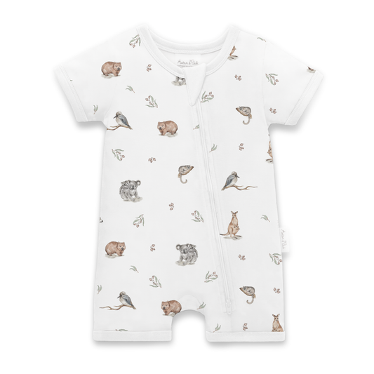 Aster and Oak  - Native Animals Short Sleeve Zip Romper
