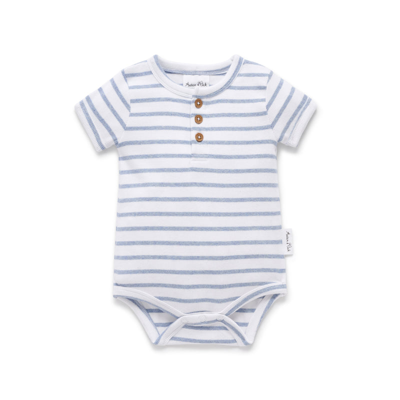 Aster and Oak  - Blue Stripe Rib Henley Onesie