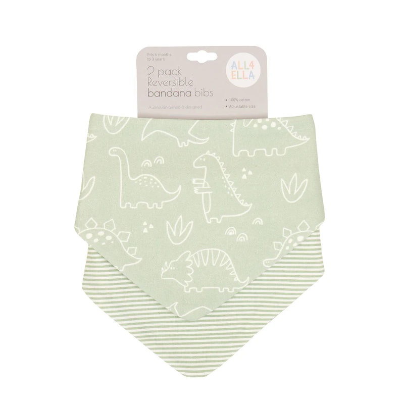 All4Ella- 2 Pack Bandana Bibs- Sage Dino