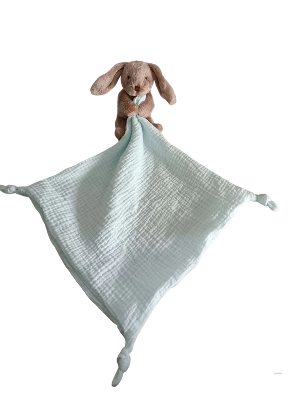 Petite Vous- Benny The Bunny With Blue Muslin Comforter