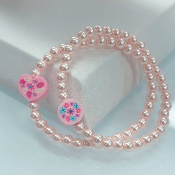 Handmade Glass Pearl Stretch Bracelet- Pink Floral