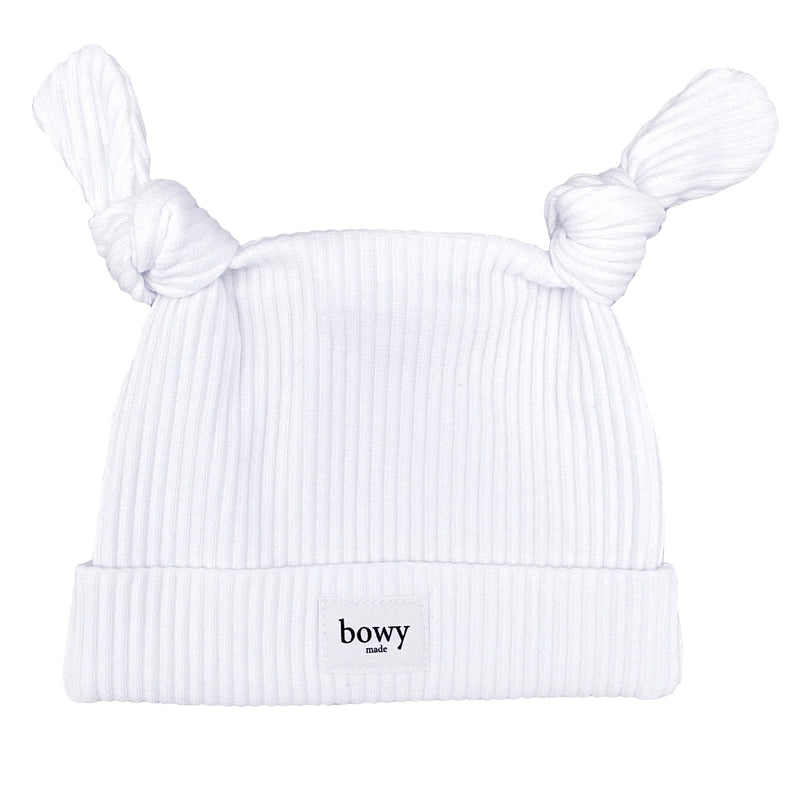 Bowy Made- Pure White Ribbed Double Knot Beanie