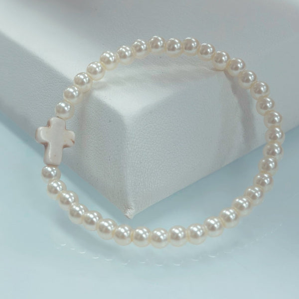 Handmade Glass Pearl Stretch Bracelet- Cream Cross