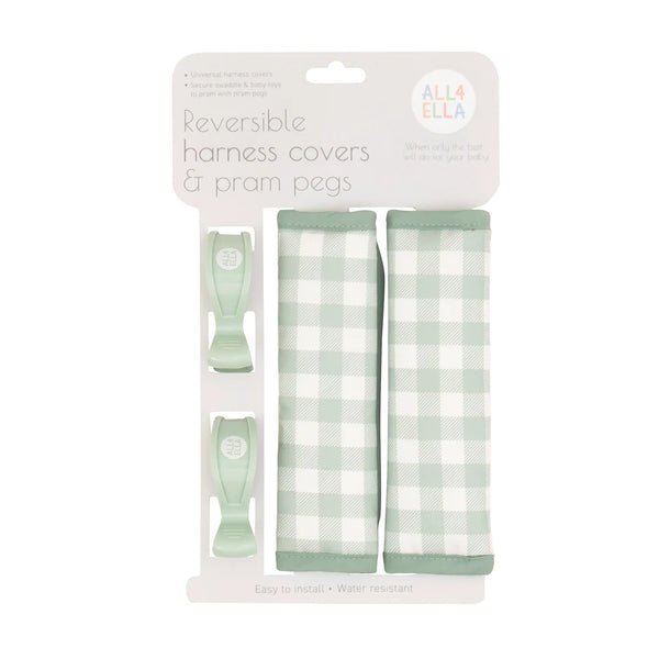 All4Ella- Harness Cover/Pram Pegs- Gingham Sage