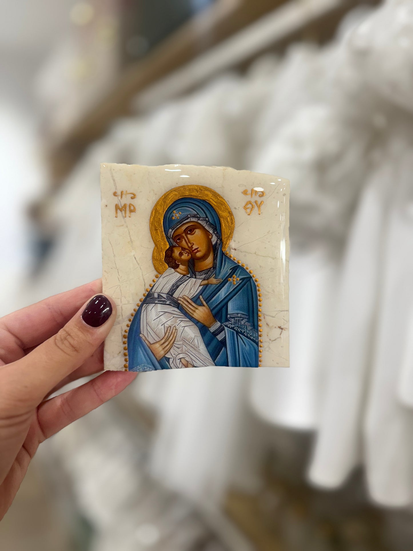 Icon- Neutral Marble- 10x10cm Mother Mary/Baby Jesus