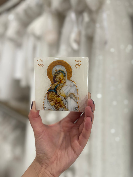 Icon- Selenite Crystal- 10x10cm Mother Mary/Baby Jesus