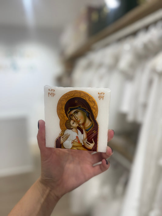 Icon- White Marble 10x10cm Mother Mary/Baby Jesus