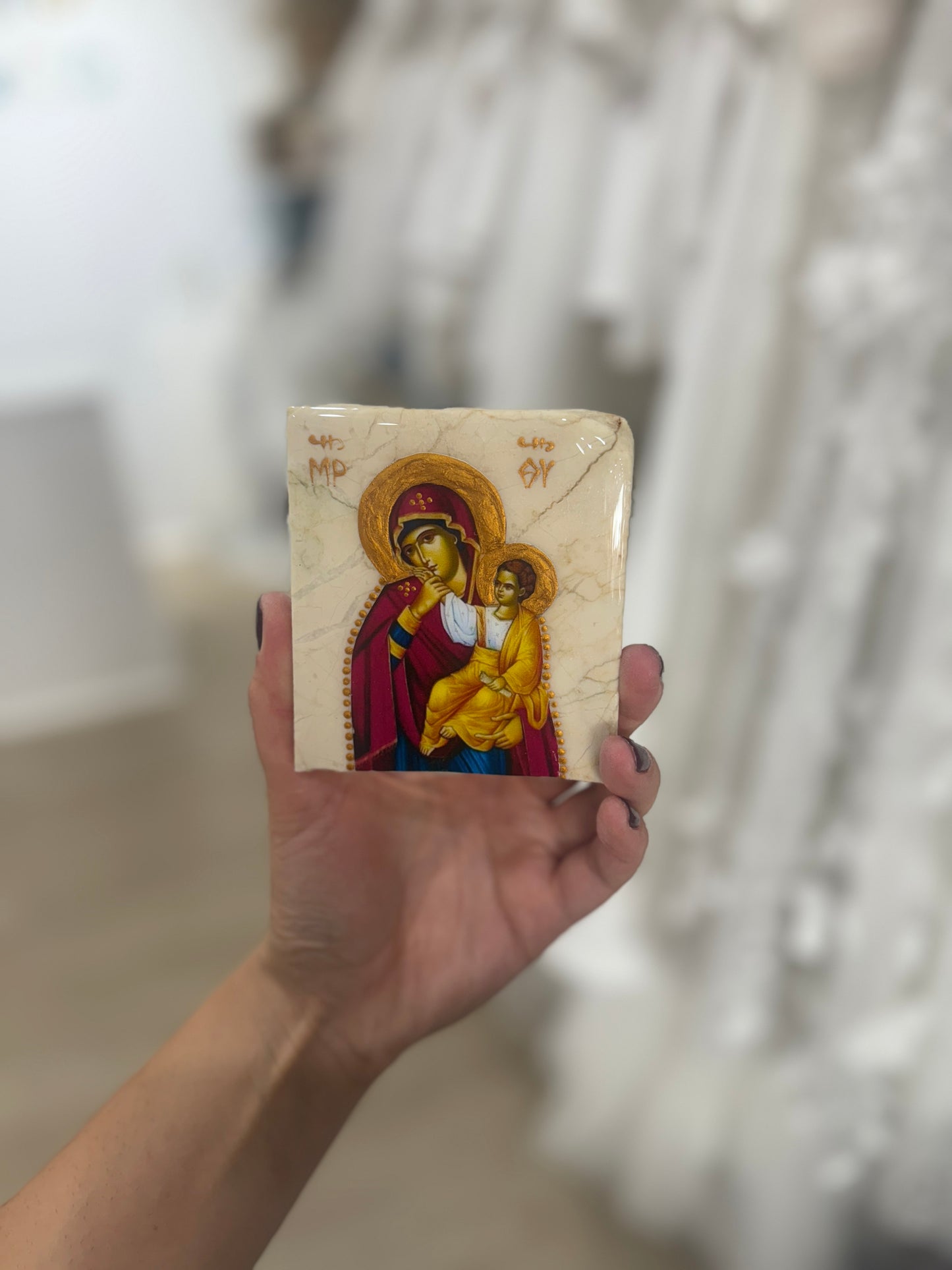Icon- Neutral Marble- 10x10cm Mother Mary/Baby Jesus