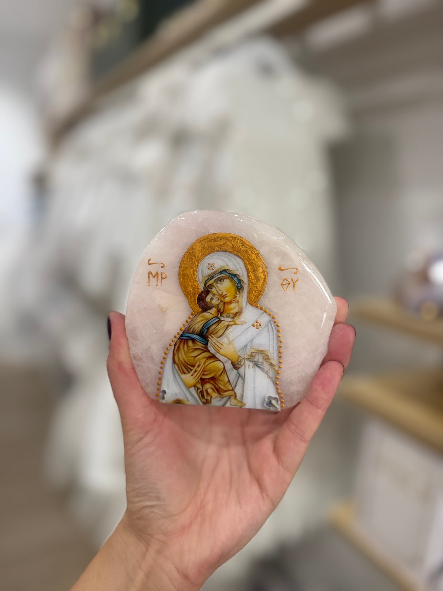 Icon- Rose Quartz Crystal-10x12cm  Mother Mary/Baby Jesus