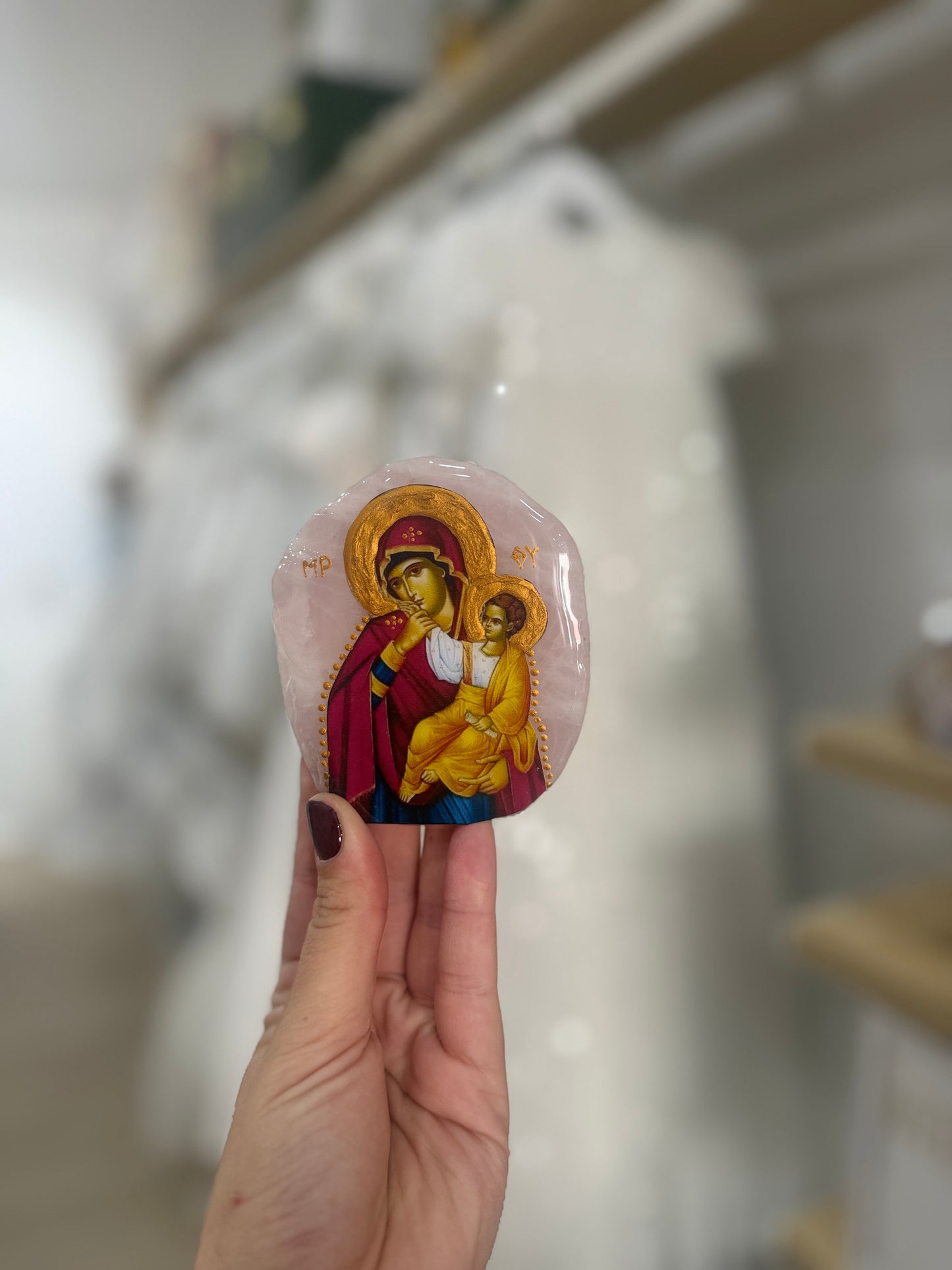 Icon- Rose Quartz Crystal- 9x9cm  Mother Mary/Baby Jesus