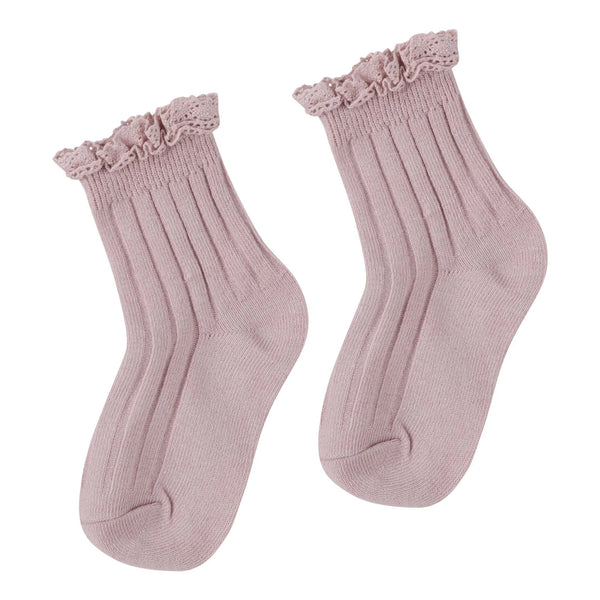 Designer Kidz - Dusty Pink Lace Frill Crew Socks