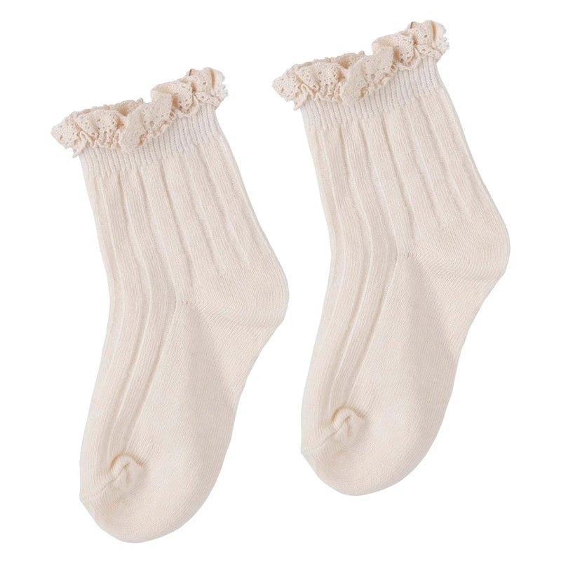 Designer Kidz - Beige Lace Frill Crew Socks