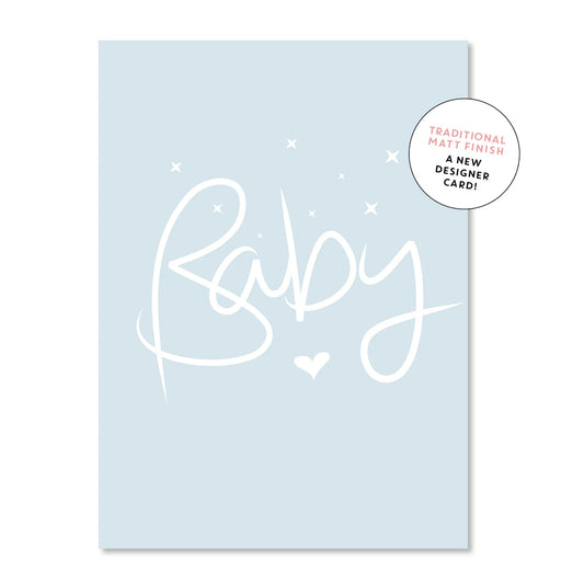 Light blue baby card, with the word baby on it