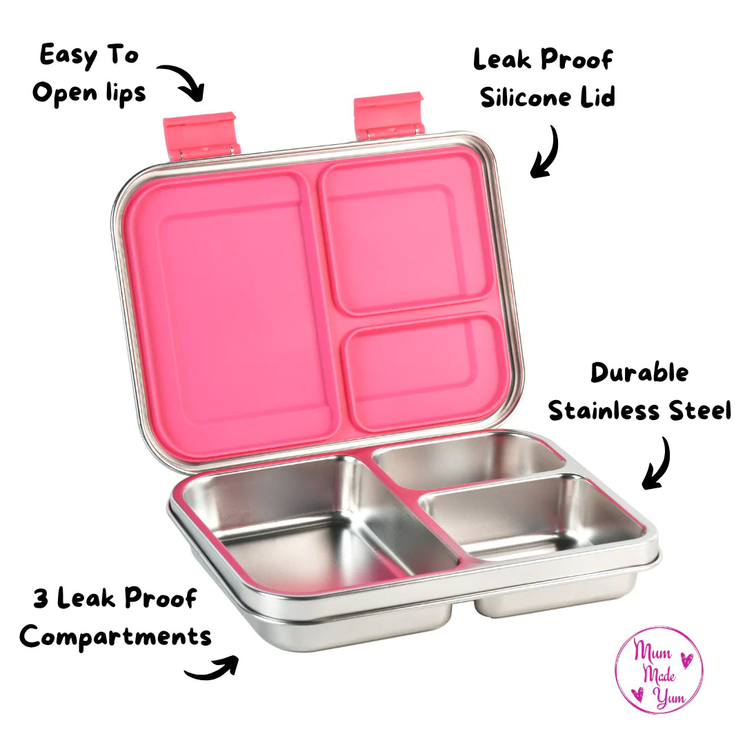 Mighty Stainless Steel Lunchbox- 3 Compartment- Pink