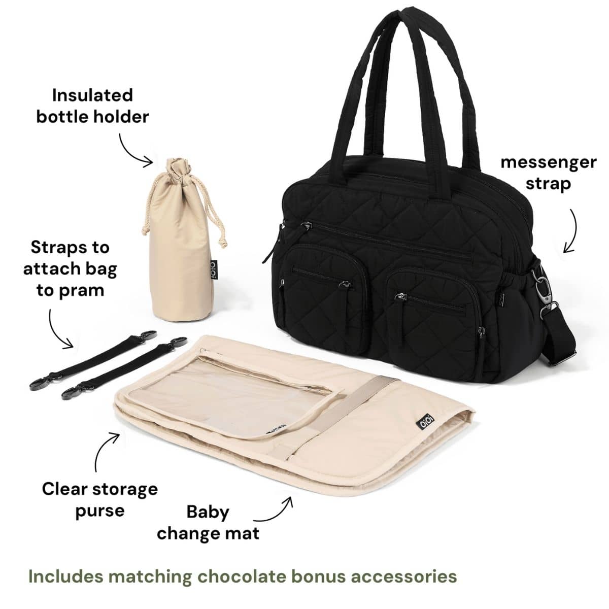 Oi Oi- Quilted Nylon All Nappy Bag- Chocolate
