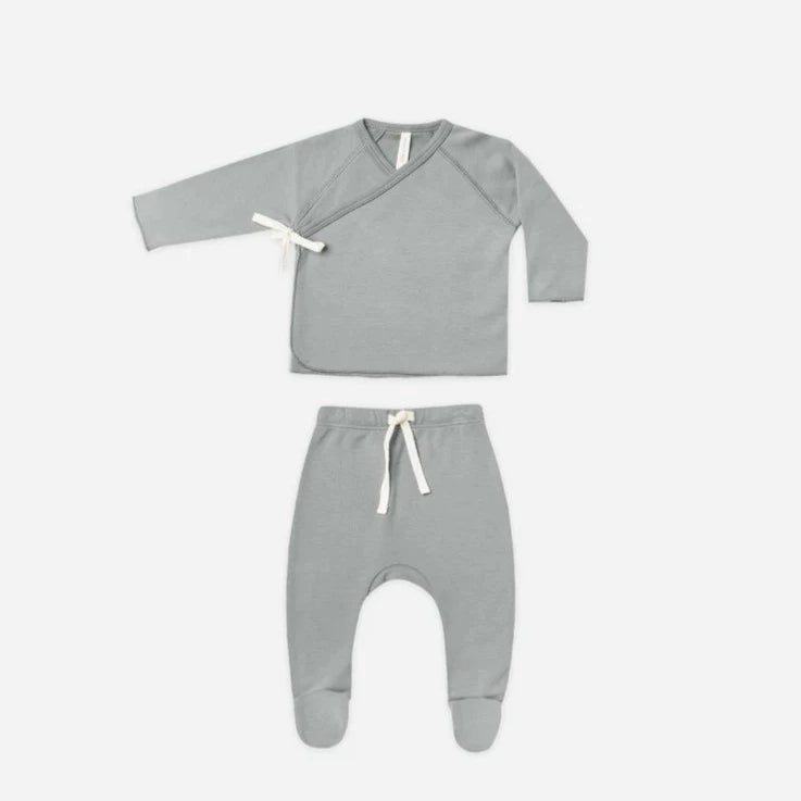 Quincy Mae- Dusty Blue Wrap Top & Footed Pants Set