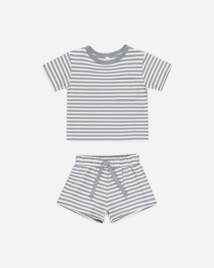 Quincy Mae - Blue Stripe Pocket Tee & Short Set