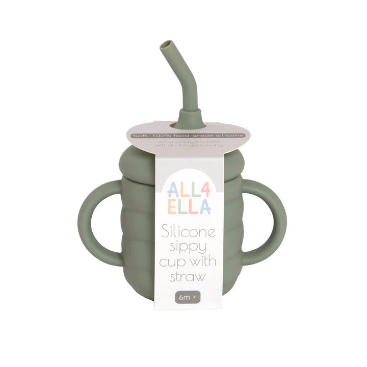 All4Ella-  Silicone Sippy Cup with Straw- Olive