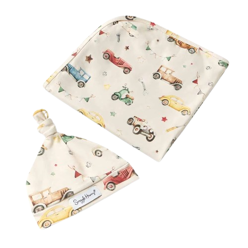 Snuggle Hunny - Vintage Cars Organic Jersey Wrap & Beanie Set