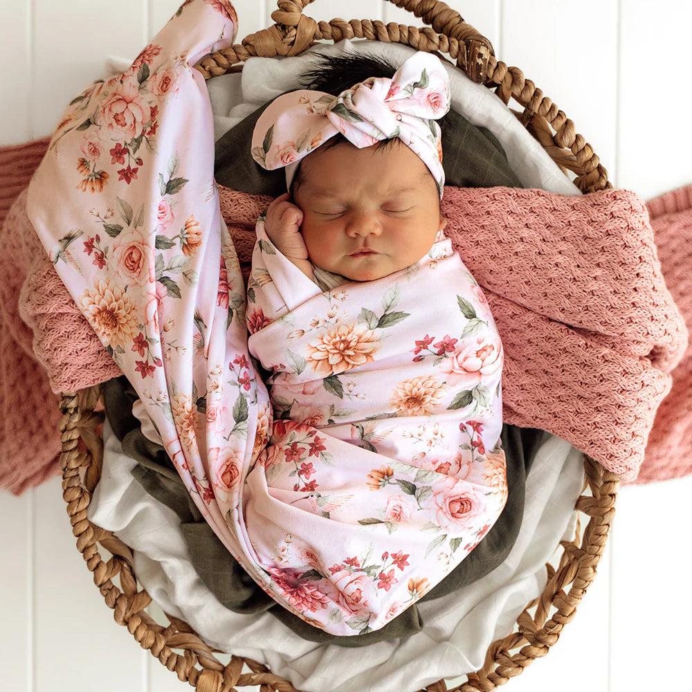 Snuggle Hunny Kids- Birds & Bloom Jersey Wrap & Top Knot Set
