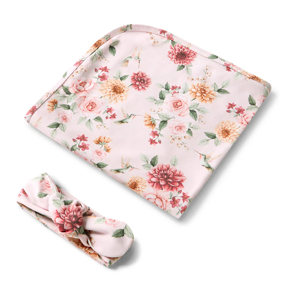 Snuggle Hunny Kids- Birds & Bloom Jersey Wrap & Top Knot Set