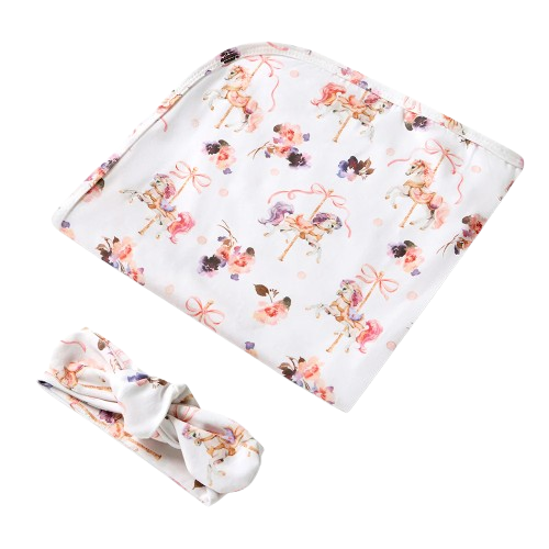 Snuggle Hunny - Carousel Organic Jersey Wrap & Topknot Set