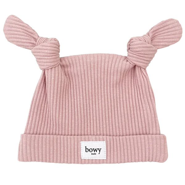 Bowy Made- Dusty Pink Ribbed Double Knot Beanie