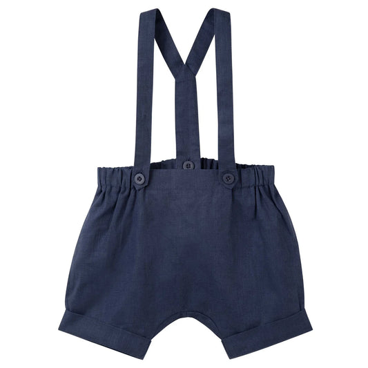 Designer Kidz- Navy Finley Linen Suspenders Short